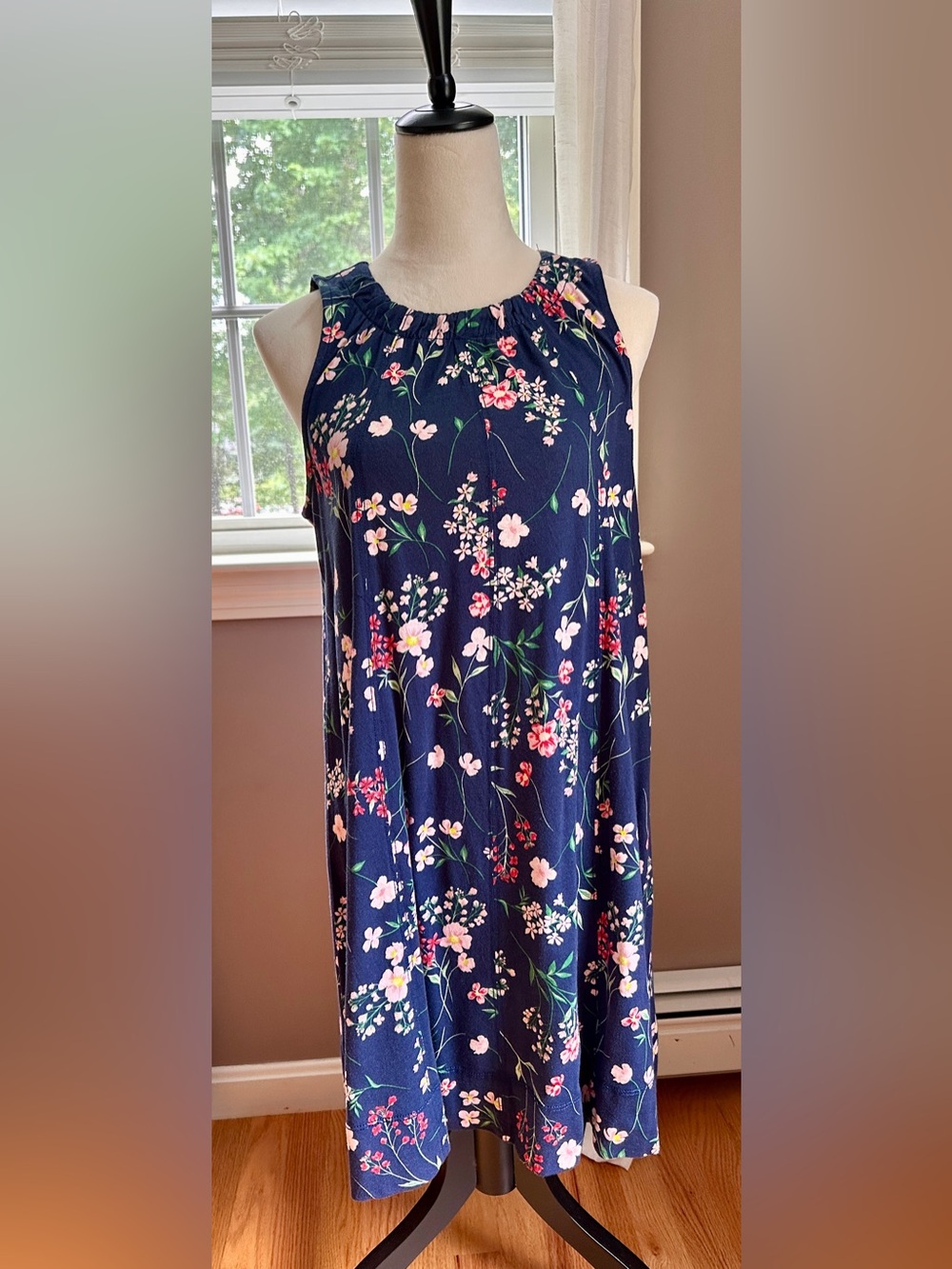 LOFT Navy Floral Sleeveless Swing Dress